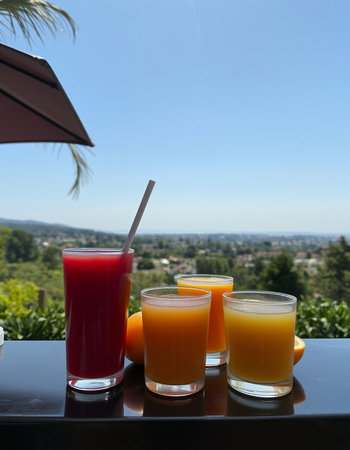 Three glasses of juice on the table in the terrace of a hotelの写真素材