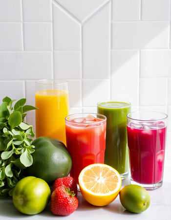 Glasses of fresh juice with fruits and vegetables on white background.