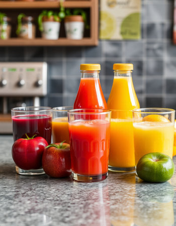 Fresh juice in bottles and fresh fruits on the counter in a cafeの写真素材