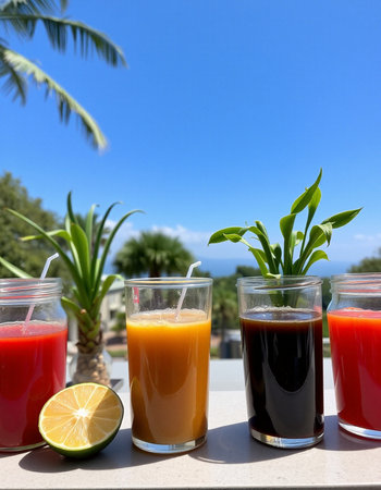 Glasses of fresh juices on the terrace of a luxury hotelの写真素材