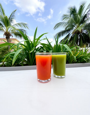 Two glasses of juice on a table with palm trees in the backgroundの写真素材