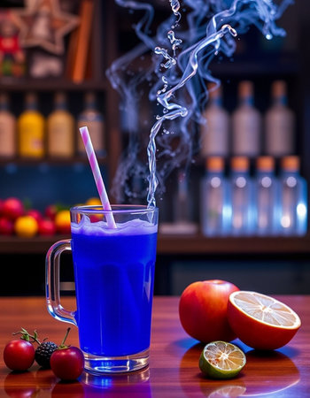 Blue cocktail in a glass with a straw on a bar counter.