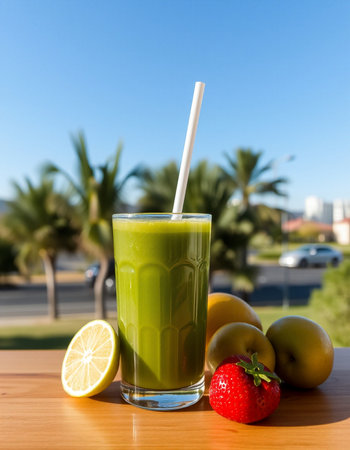 A glass of green smoothie on a wooden table with fruits on the background.の写真素材