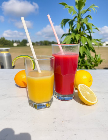 Two glasses of freshly squeezed juice with straws on white marble tableの写真素材