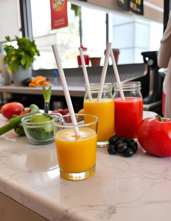 Glasses of fresh juice and ingredients on table in cafe, closeupの写真素材