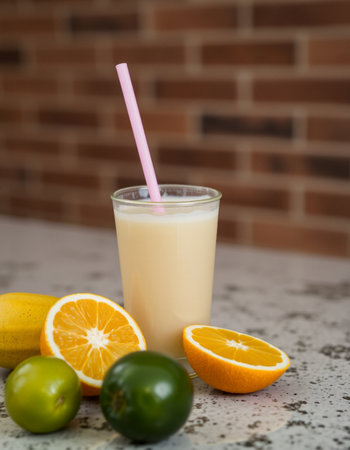 A glass of fresh orange juice with a straw and fruits on the table