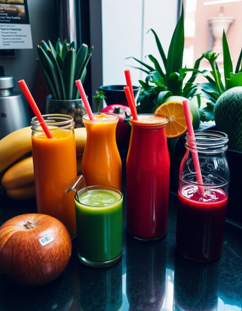 Fresh fruit juices and smoothies in a glass bottle on the table.の写真素材