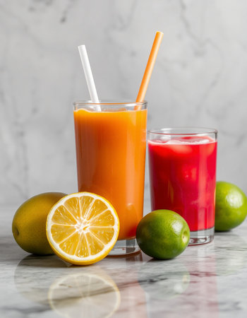 Freshly squeezed juice in glasses with limes and strawsle backgroundの写真素材