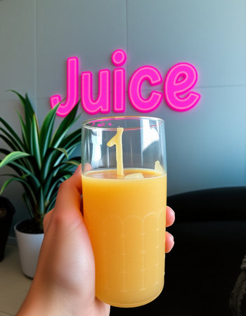 Orange juice in a glass with the inscription JUICE in handの写真素材