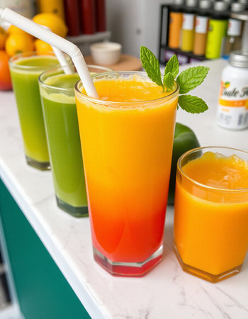 Healthy fresh fruit juices in glasses on a table in the kitchenの写真素材