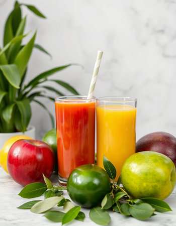 Fresh fruit and vegetable juices in a glass on a light background.