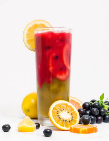 Fruit cocktail with blackcurrant, orange, lemon and grape on white backgroundの写真素材