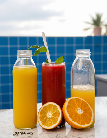 Orange and orange juice in bottles on the table by the swimming poolの写真素材