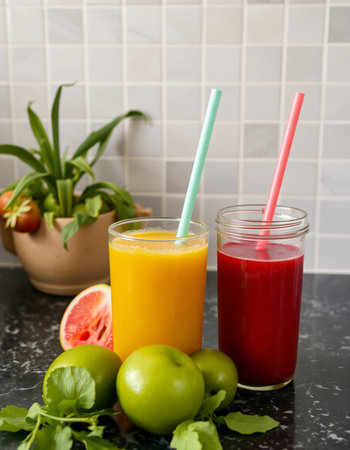 Glasses of fresh juice with fruits and vegetables on the kitchen tableの写真素材