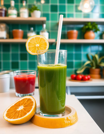 Green smoothie in glass with straw and ingredients on table in kitchenの写真素材