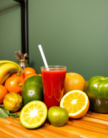 A glass of fresh juice with a straw surrounded by fruits and vegetables