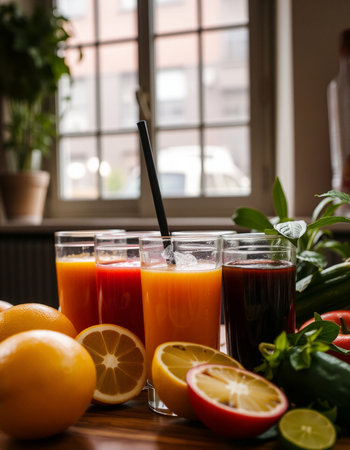 Glasses of fresh organic juices with fruits and vegetables in the backgroundの写真素材