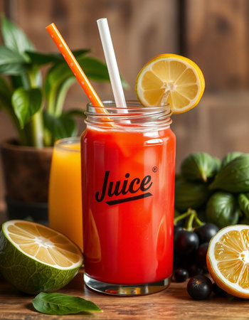 juice in a glass with straws and ingredients on a wooden background