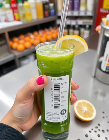 A female hand holds a glass of green tea.の写真素材