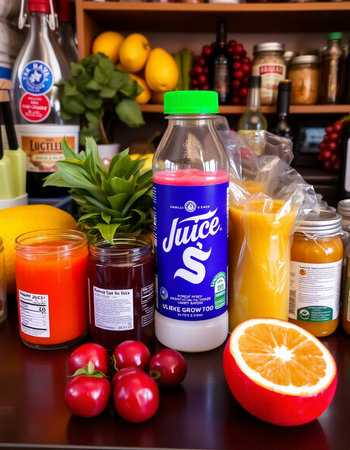 Grocery store shelves full of fruit and vegetable juices and juicesの写真素材