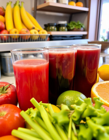 Glasses of fresh juice with fruits and vegetables in the background.の写真素材