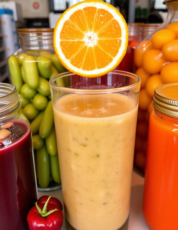A glass of fresh juice with fruits and vegetables in the background.の写真素材