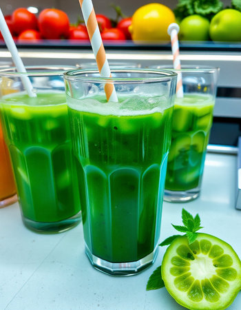 Green smoothies in a glass with straws and ingredients on the tableの写真素材
