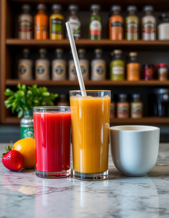 Fresh fruit and vegetable juices in glasses on the table in a restaurantの写真素材