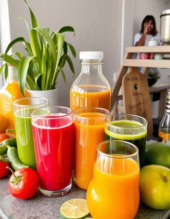 Juices in bottles and glass with fruits and vegetables in the kitchenの写真素材