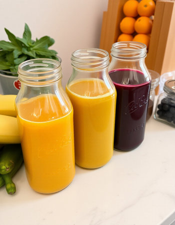 Bottles of fresh smoothies with fresh fruits and vegetables on tableの写真素材