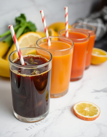 Glasses of fresh fruit juices with ice cubes and strawsle backgroundの写真素材