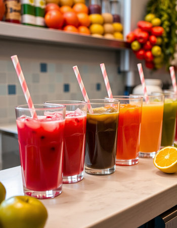 Glasses of fresh fruit juices on the counter in the supermarket.の写真素材