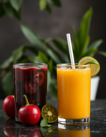 Cherry juice in a glass with a straw on a dark backgroundの写真素材