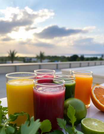 Fresh juices in glass on terrace with sea view, closeup