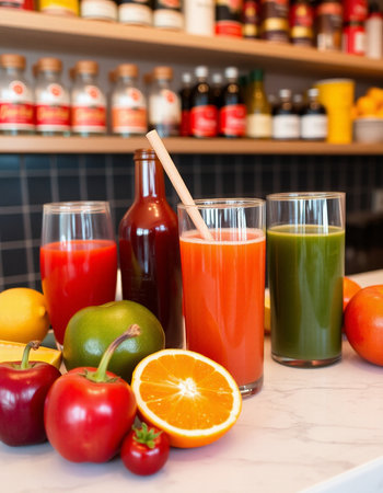 Glasses of fresh organic juices and fruits on counter in grocery storeの写真素材