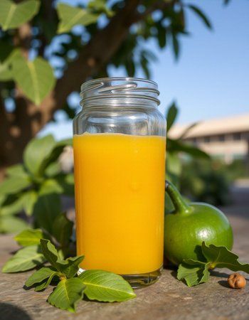 Glass of orange juice with fresh fruits and green leaves on the table