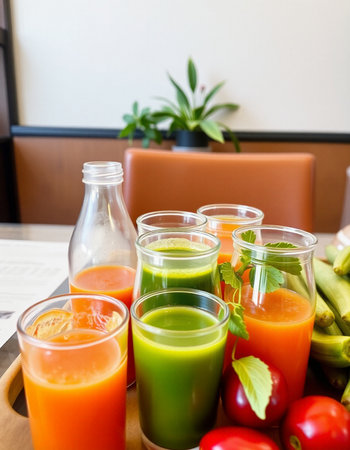 Glasses of fresh juice and smoothies with fruits and vegetables on tableの写真素材