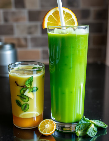 Iced green tea with orange and kiwi in a glass