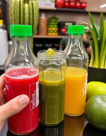 A hand holds a bottle of fruit and vegetable juices.