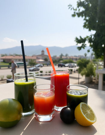 Glasses of fresh juice with fruits and vegetables on the table.の写真素材