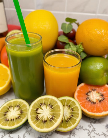 Citrus juice in glasses and fresh fruits on the background.の写真素材