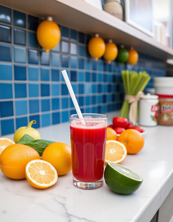 A glass of fresh juice with a straw on the background of fruits and vegetablesの写真素材