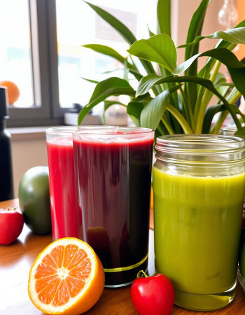 Glasses of fresh vegetable juices with fruits and vegetables on kitchen tableの写真素材