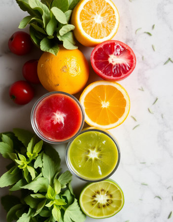 Variety of fresh citrus juices on white marble background. Top viewの写真素材
