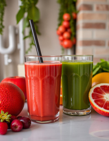 Glasses of fresh juice and smoothies with fruits and vegetables on the kitchen tableの写真素材