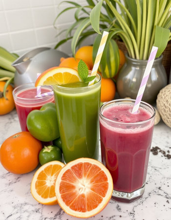 Fruit smoothies with fresh fruits and vegetables in the kitchen.