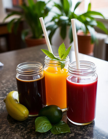 Healthy detox juices in glass jars with strawsle tableの写真素材