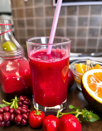 Cranberry smoothie with fresh fruits and vegetables in the kitchenの写真素材