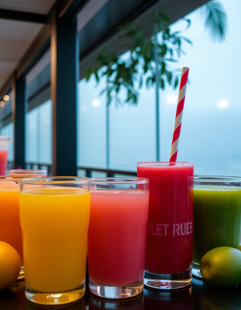 Colorful fresh juices in glass on the table. Selective focus.の写真素材