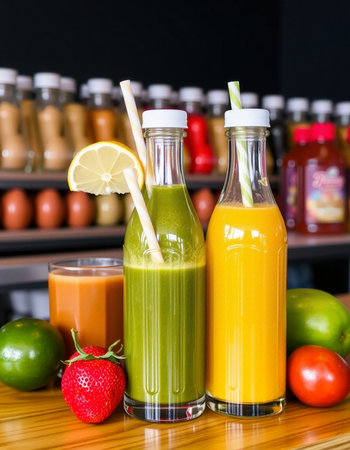 Bottles of fresh vegetable and fruit juices, healthy lifestyle concept.の写真素材